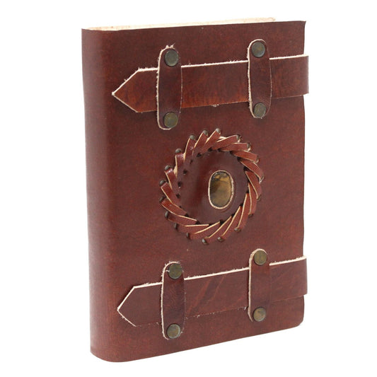 Leather Tigereye Journal – 15x10 CM brown leather notebook with strap closure and tigereye stone accent on cover