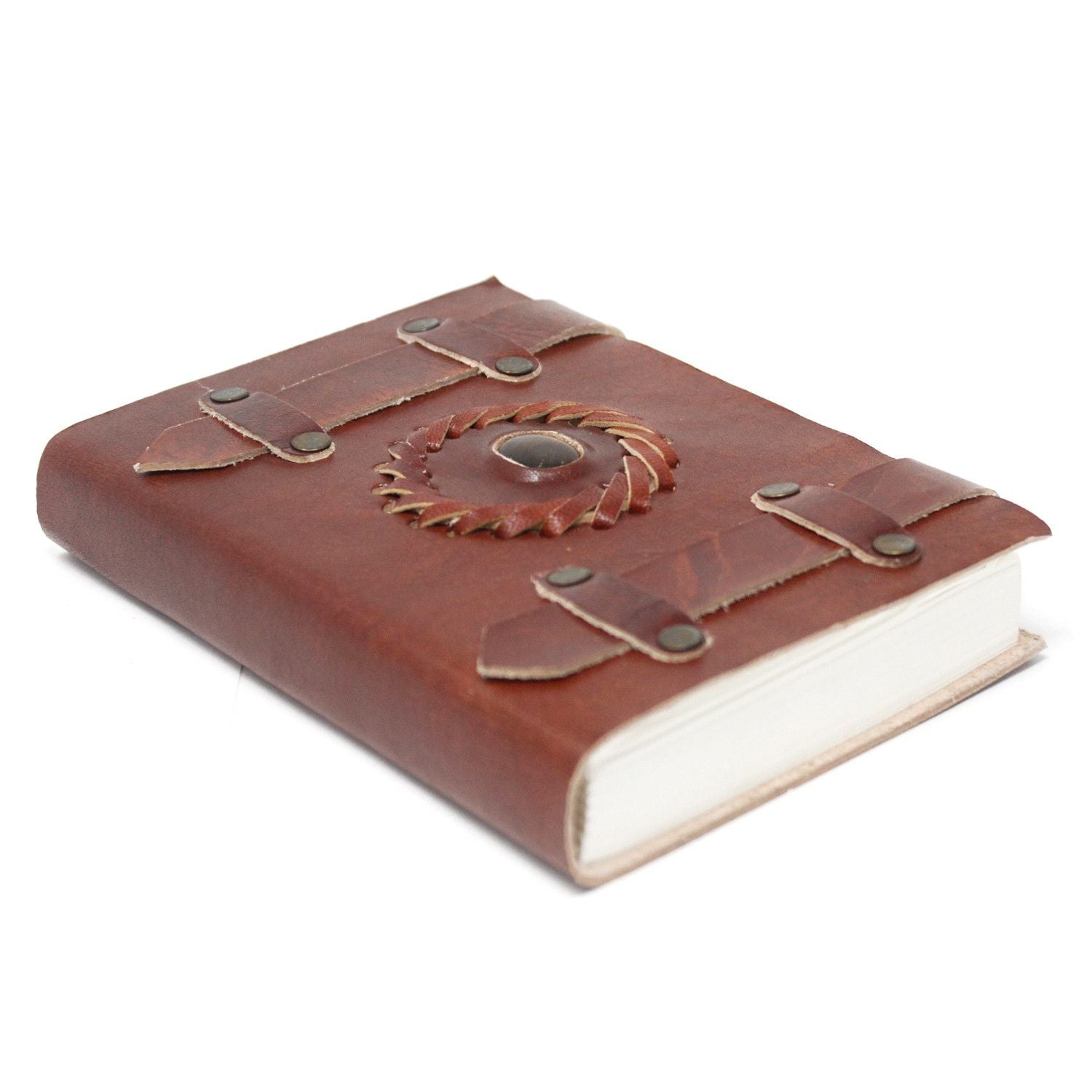 Alt Tag: Leather Tigereye Journal – 15x10 CM brown leather notebook with metal accents and center tigereye-style stone on white background