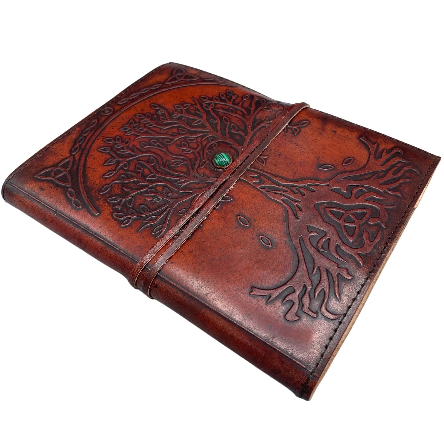 Alt Tag: Leather Tree of Life Journal – 20x16x2 CM leather notebook with embossed Tree of Life cover and wraparound strap, brown vintage journal