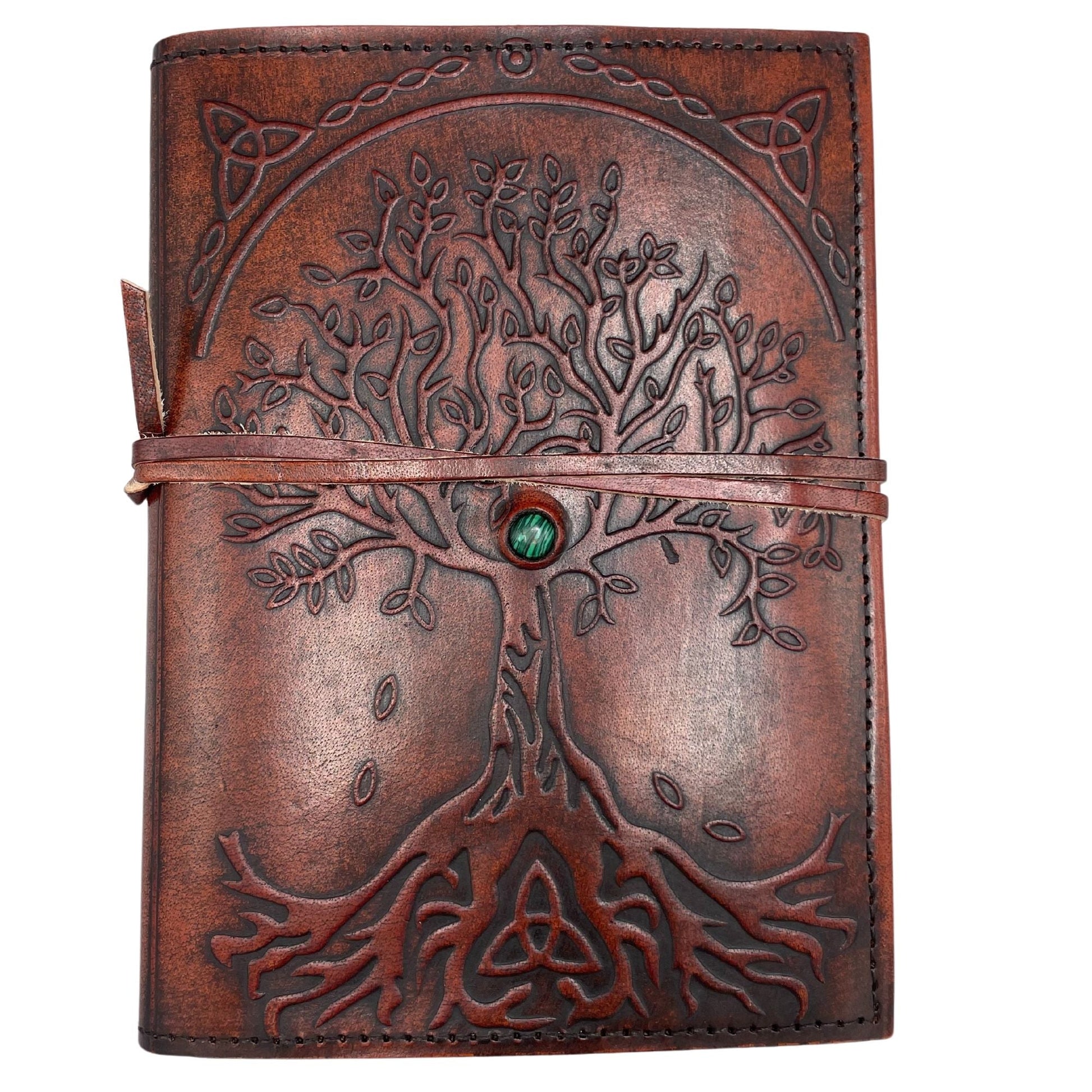 Alt Tag: Leather Tree of Life Journal – 18x13x2 CM embossed brown leather notebook with tree design, wraparound cord closure and green stone