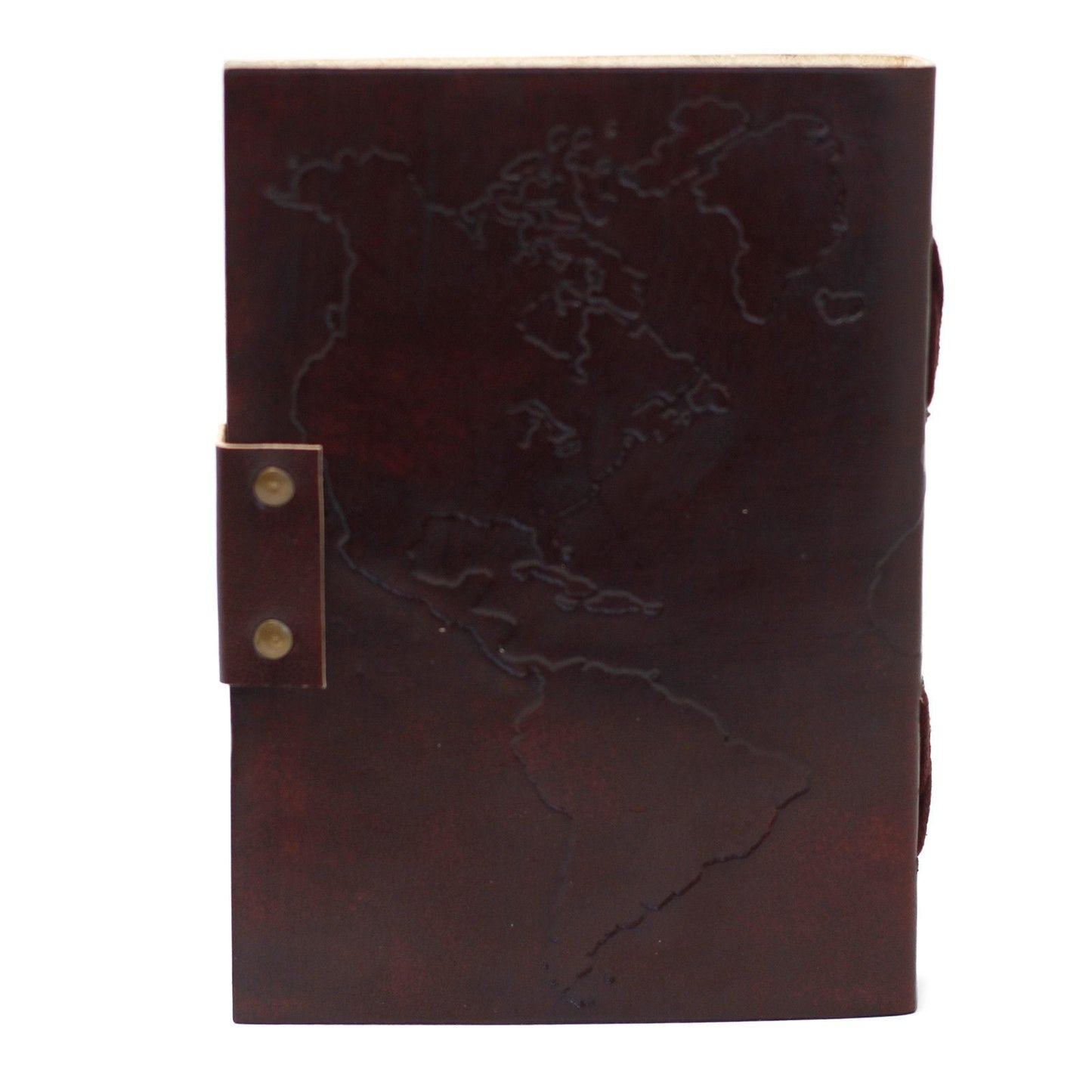 Alt Tag: Leather World Map Notebook – 18x13 CM, leather journal with embossed world map cover and strap closure