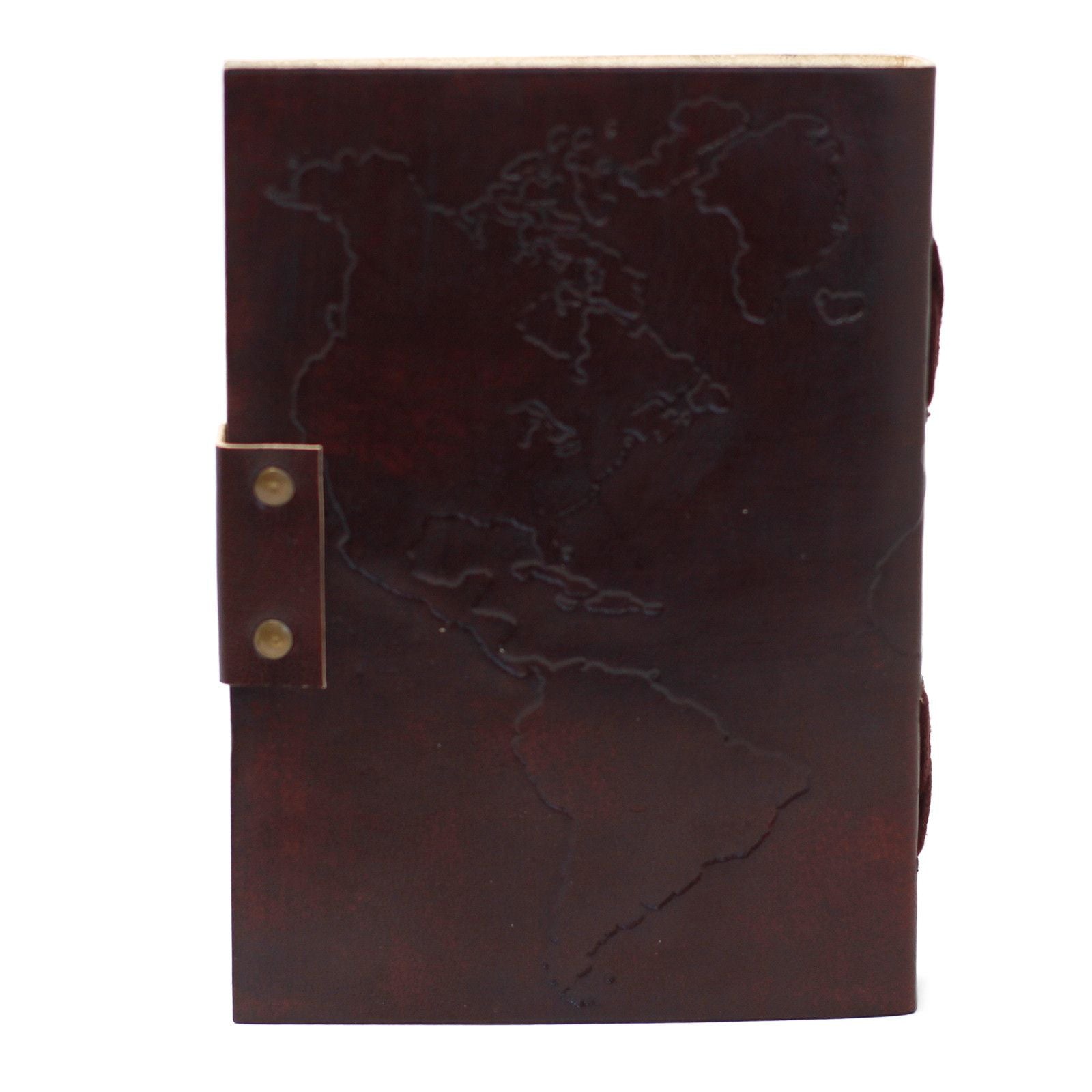 Alt Tag: Leather World Map Notebook – 18x13 CM, leather journal with embossed world map cover and strap closure