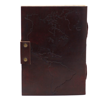 Alt Tag: Leather World Map Notebook – 18x13 CM, leather journal with embossed world map cover and strap closure