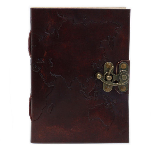 Alt Tag: Leather World Map Notebook – 18x13 CM leather journal with embossed world map cover and vintage metal clasp, travel size