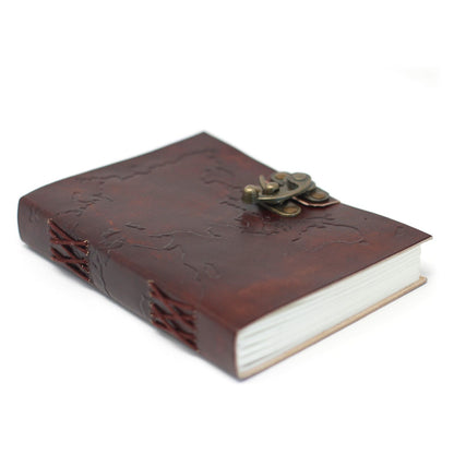 Alt Tag: Leather World Map Notebook – 18x13 CM brown leather journal with embossed world map cover, stitched spine and metal clasp