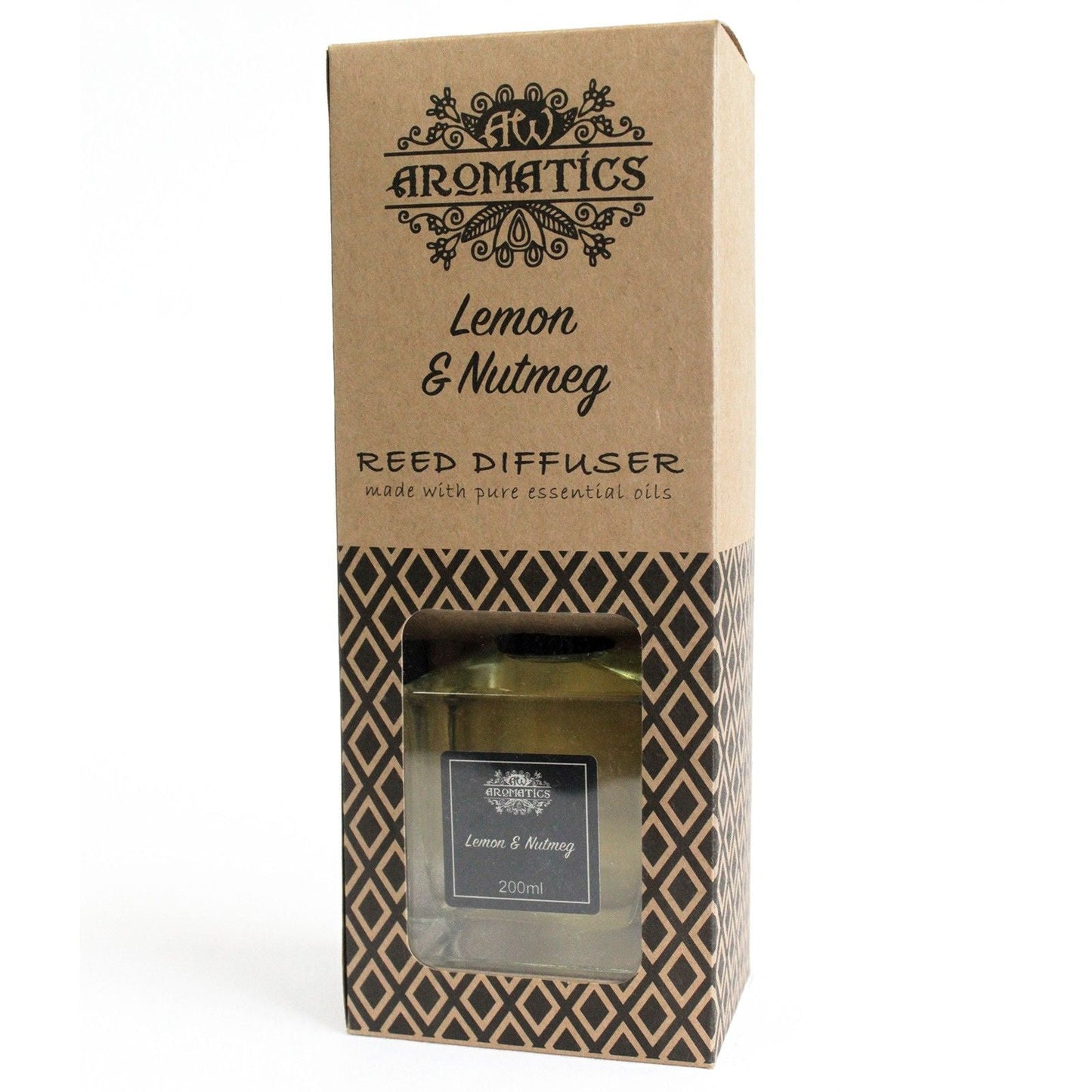 Alt-Tag: Zitronen- & Muskatnuss-Raumduft mit Duftstäbchen – 200ML Bliss Raumduft mit Duftstäbchen in Glasflasche mit Verpackung in Box, Duft nach Zitrone & Muskatnuss