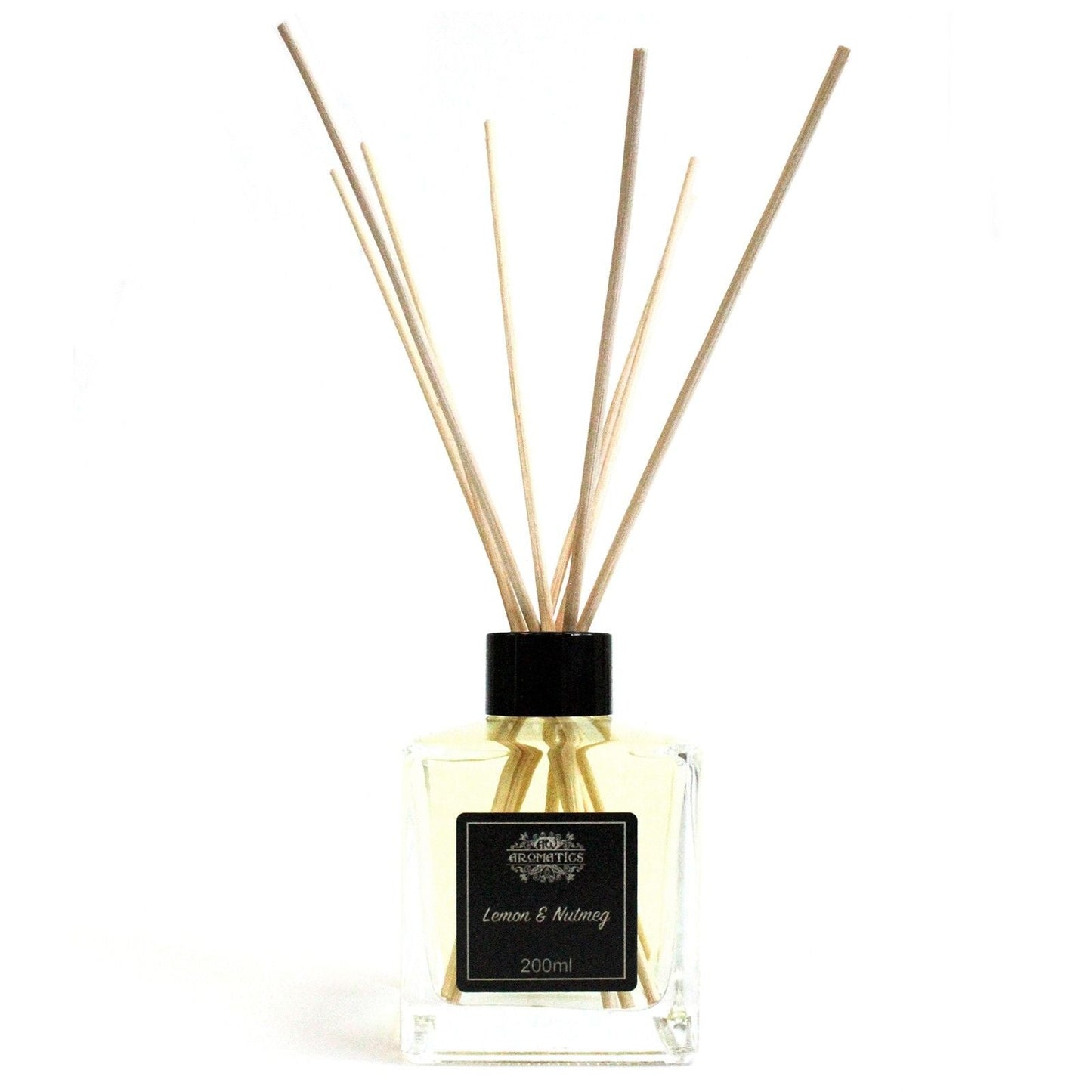 Alt Tag: Lemon & Nutmeg Reed Diffuser – 200ML Bliss glass bottle with reeds, lemon and nutmeg essential oil home fragrance lasting up to 12 weeks