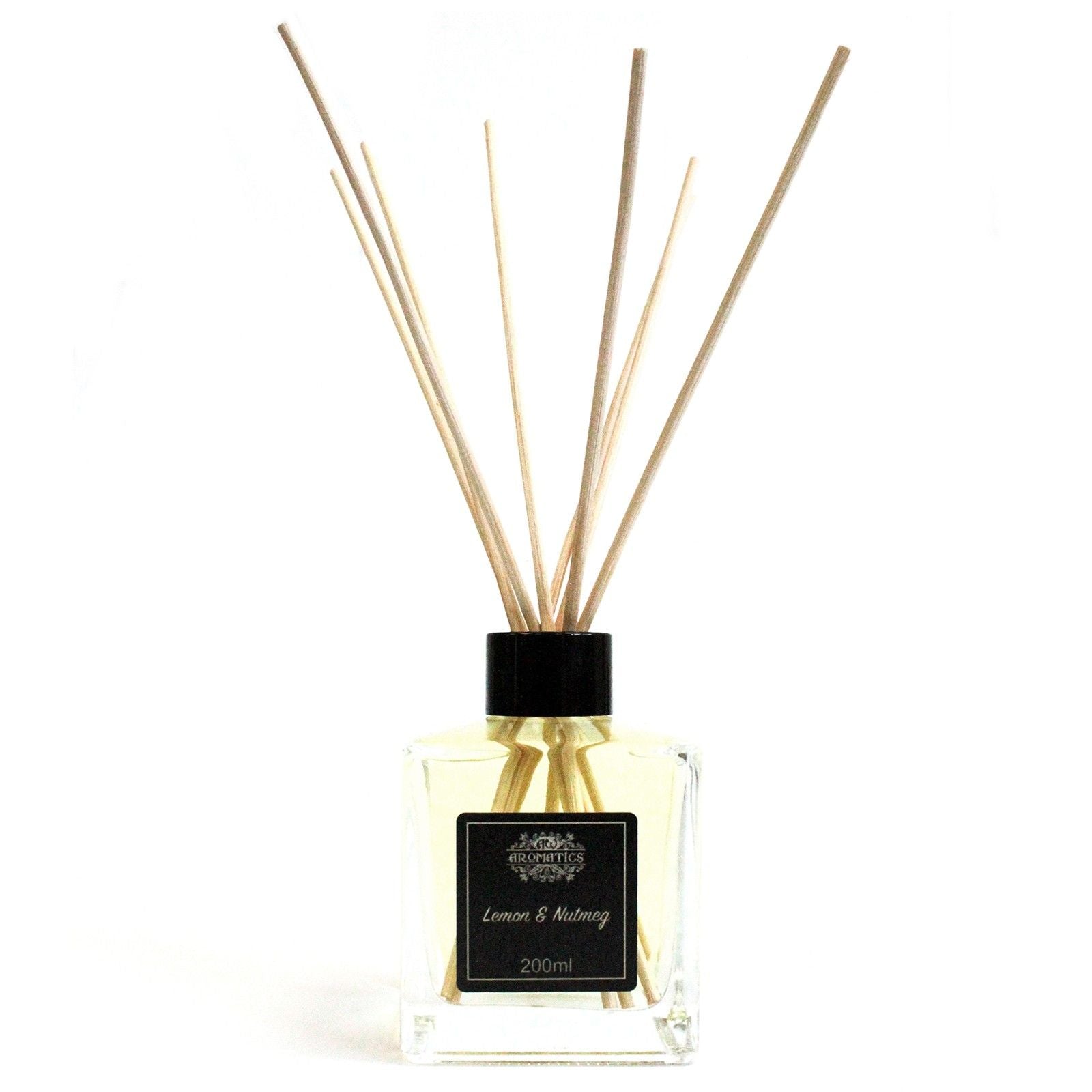 Alt-Tag: Zitronen- & Muskatnuss-Raumduft mit Rattanstäbchen – 200ML Bliss in einer Glasflasche mit Rattanstäbchen, Duft nach Zitrone und Muskatnuss