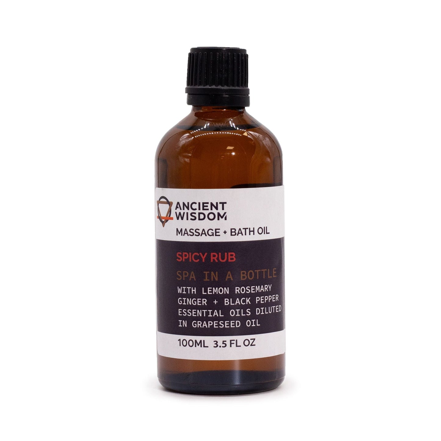 Alt Tagg: Massageolja med kryddig Lemon & Rosemary Rub – 100 ml bärnstensfärgad glasflaska med svart kork, Ancient Wisdom-etikett för massage- och badolja