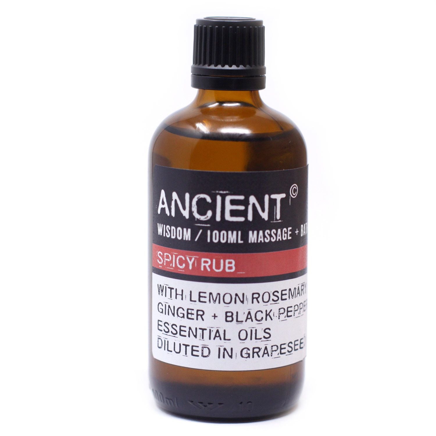 Lemon & Rosemary Spicy Rub Massageolja – 100ML Massageolja i 100 ml bärnstensfärgad flaska med eteriska oljor av citron, rosmarin, ingefära och svartpeppar