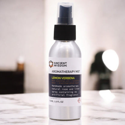 Alt Tag: Lemon Verbena Essential Oil Mist – 100ML spray bottle aromatherapy mist on countertop