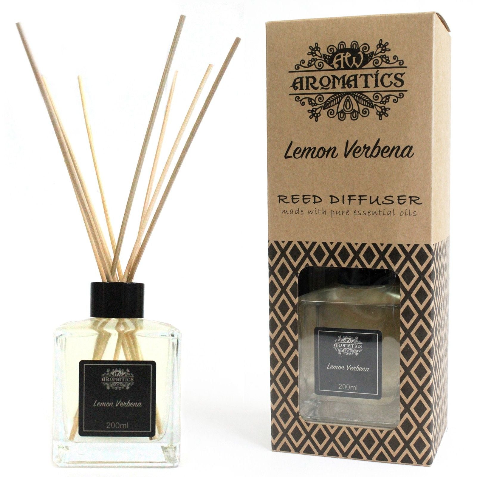 Ätherischer Öl-Raumduft-Diffusor mit Duftstäbchen „Lemon Verbena“ – 200ML in einer Glasflasche mit Diffusorstäbchen und Aromatics „Lemon Verbena“-Box