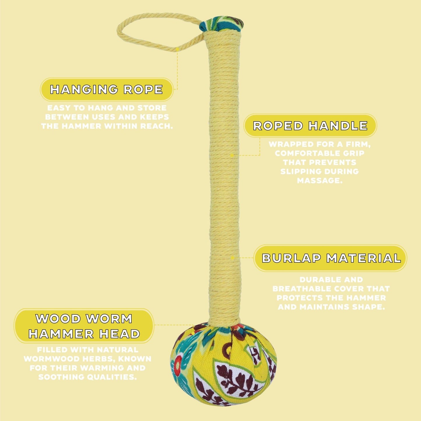 Lemon Wormwood Massage Hammer – Wooden Tool with rope handle, hanging loop, burlap wrap and patterned wood hammer head