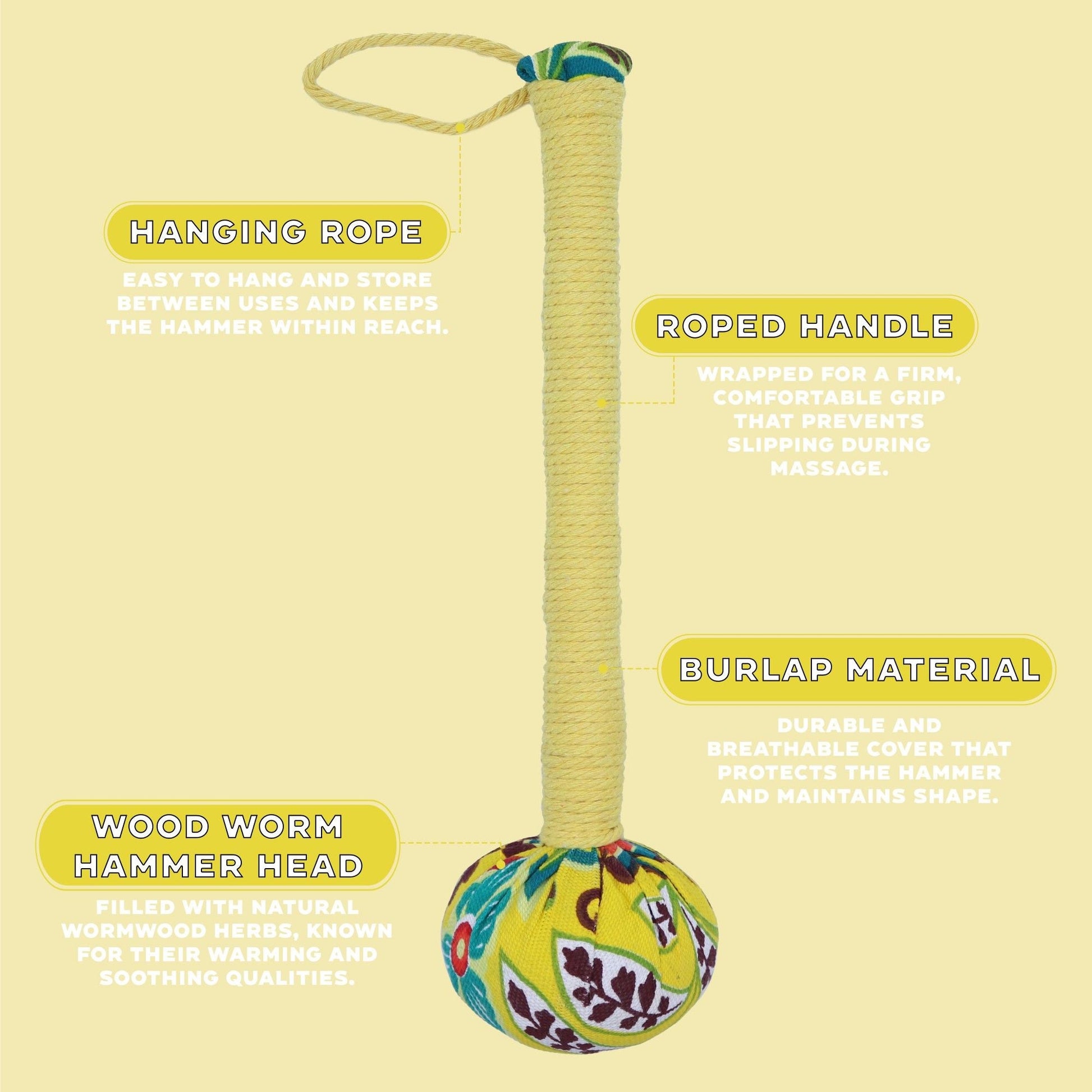 Lemon Wormwood Massage Hammer – Wooden Tool with rope handle, hanging loop, burlap wrap and patterned wood hammer head