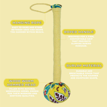 Lemon Wormwood Massage Hammer – Wooden Tool with rope handle, hanging loop, burlap wrap and patterned wood hammer head