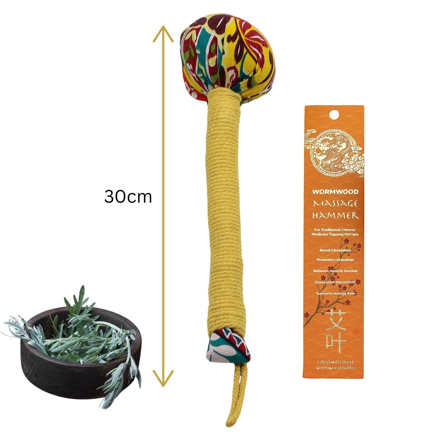 Alt Tag: Lemon Wormwood Massage Hammer – Wooden Tool with patterned head, wrapped handle and 30cm size marker, shown with packaging