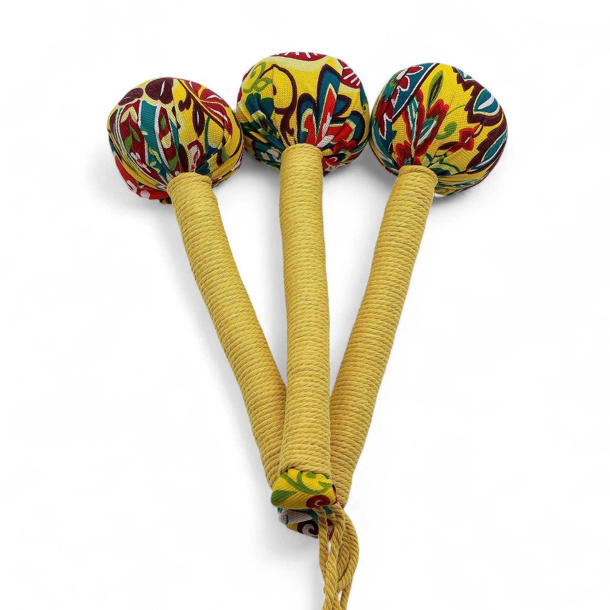 Alt Tag: Lemon Wormwood Massage Hammer – Wooden Tool set of three handheld tapping hammers with colorful fabric heads and wrapped handles