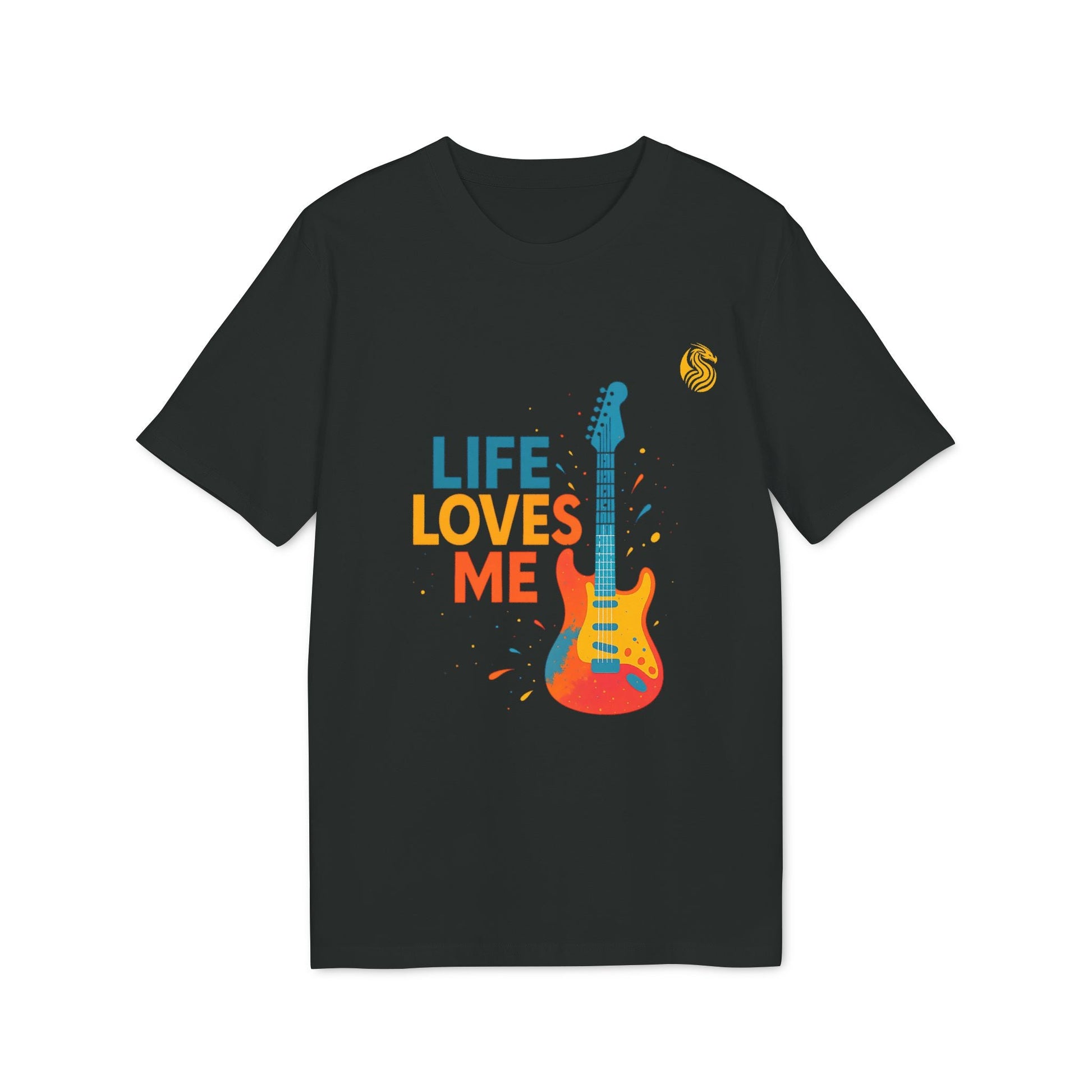 Life Loves Me Electric Guitarr Drix Camiseta Unisex sostenible: camiseta gráfica negra con guitarra colorida y estampado “LIFE LOVES ME”
