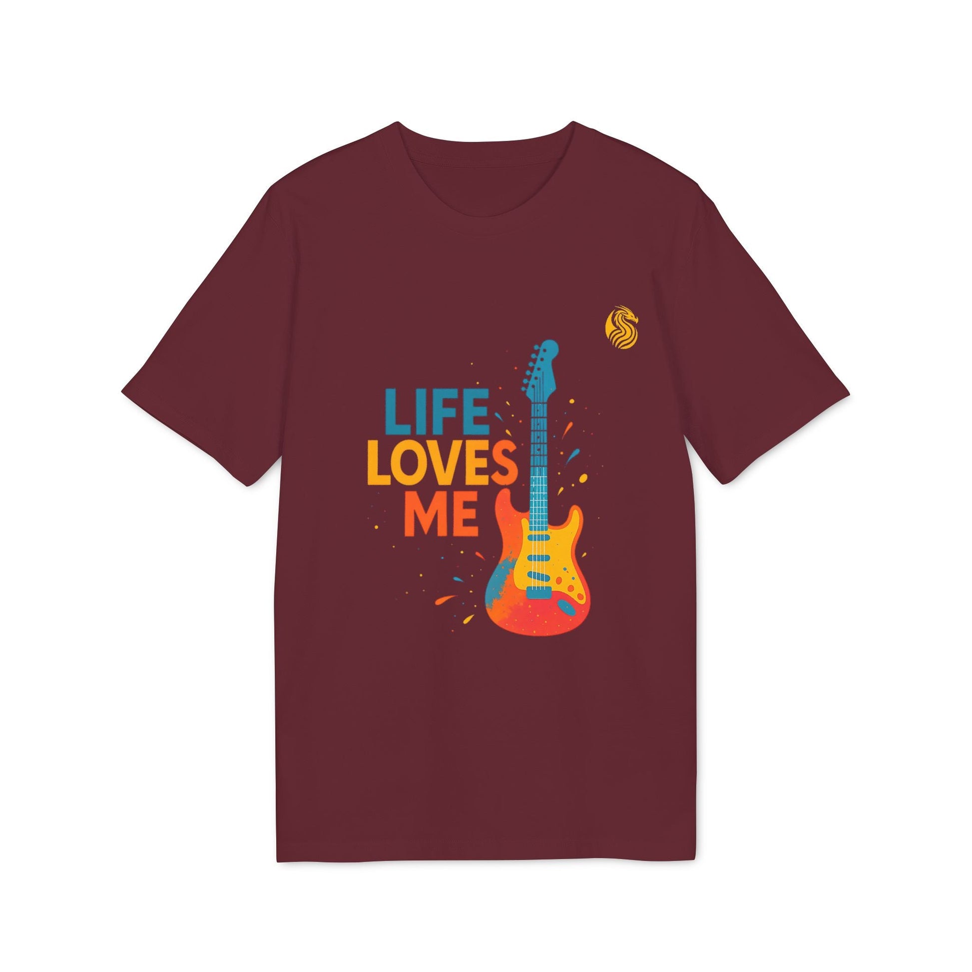Alt Tag: Life Loves Me Electric Guitarr Drix Camiseta sostenible Unisex, camiseta unisex granate con diseño “Life Loves Me” y guitarra eléctrica