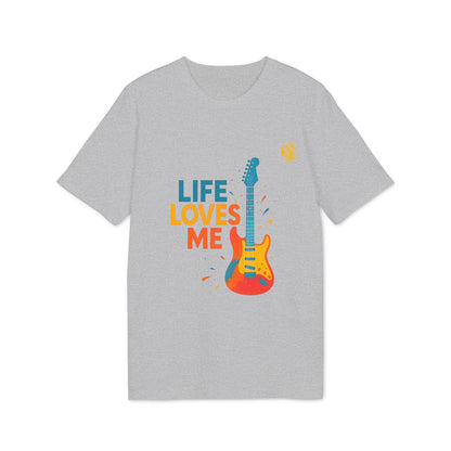 Alt Tag: Camiseta sostenible Unisex Drix Life Loves Me Electric Guitarr gris con gráfico de guitarra eléctrica colorida y texto “LIFE LOVES ME”