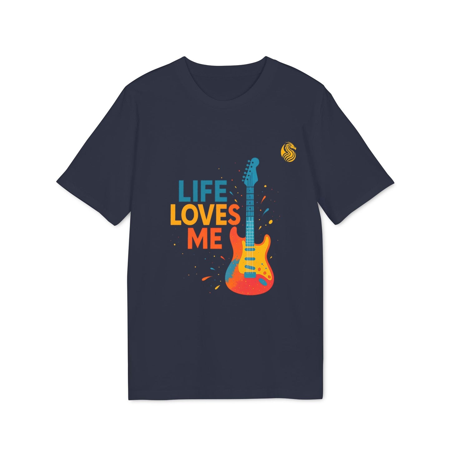 Alt Tag: Life Loves Me Electric Guitarr Drix Sustainable Unisex Tee camiseta unisex azul marino con gráfico de guitarra eléctrica y texto “LIFE LOVES ME”