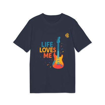Alt Tag: Life Loves Me Electric Guitarr Drix Sustainable Unisex Tee camiseta unisex azul marino con gráfico de guitarra eléctrica y texto “LIFE LOVES ME”