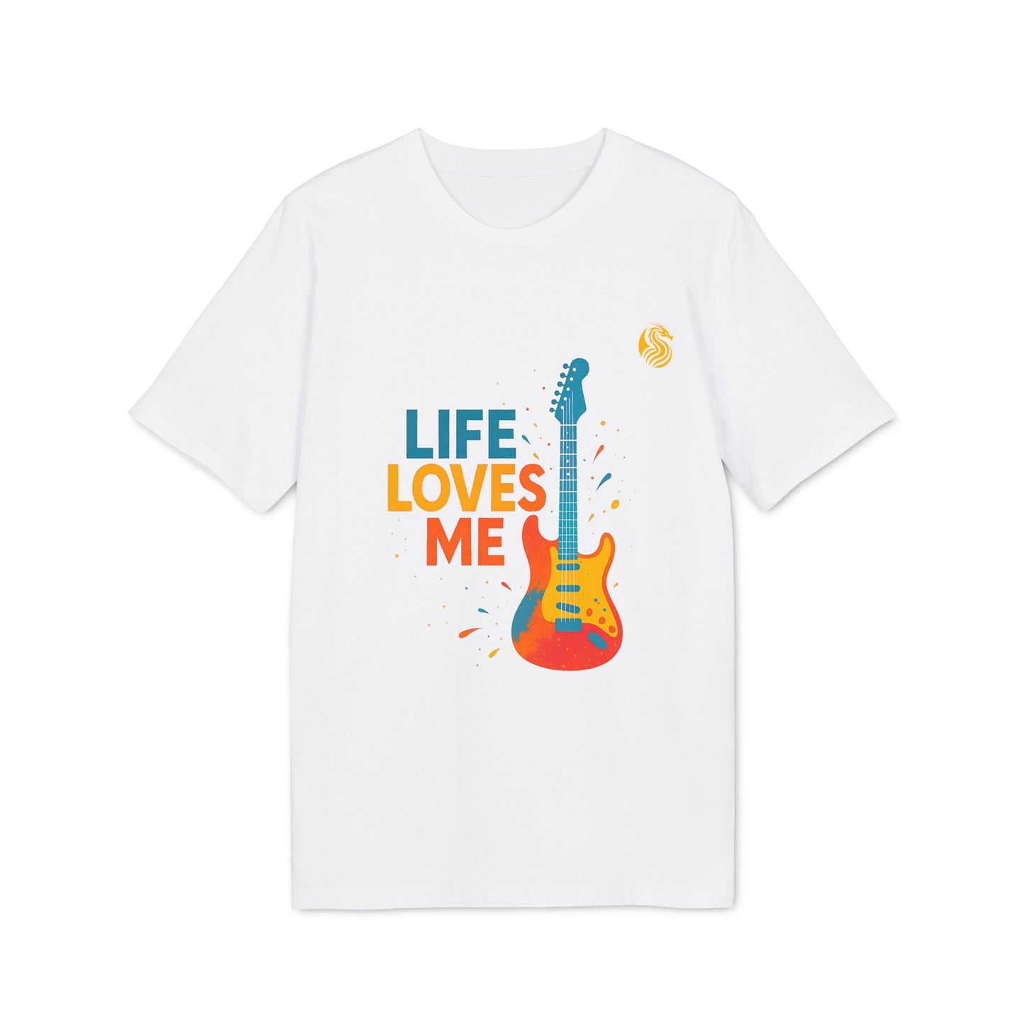 Alt Tag: Camiseta sostenible Unisex Drix Life Loves Me Electric Guitarr blanca con gráfico de guitarra eléctrica colorida y texto “LIFE LOVES ME”