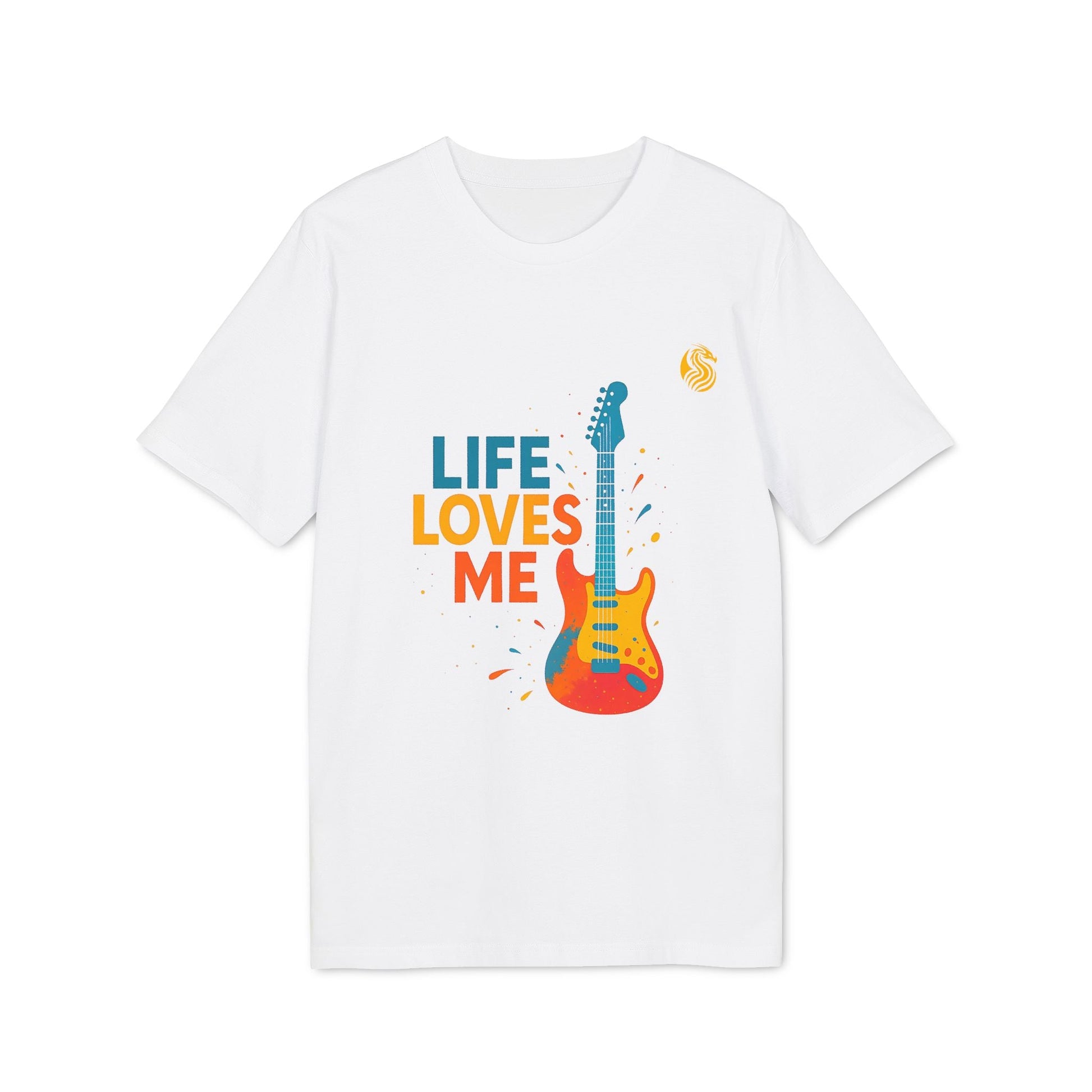 Alt Tag: Camiseta sostenible Unisex Drix Life Loves Me Electric Guitarr blanca con gráfico de guitarra eléctrica colorida y texto “LIFE LOVES ME”