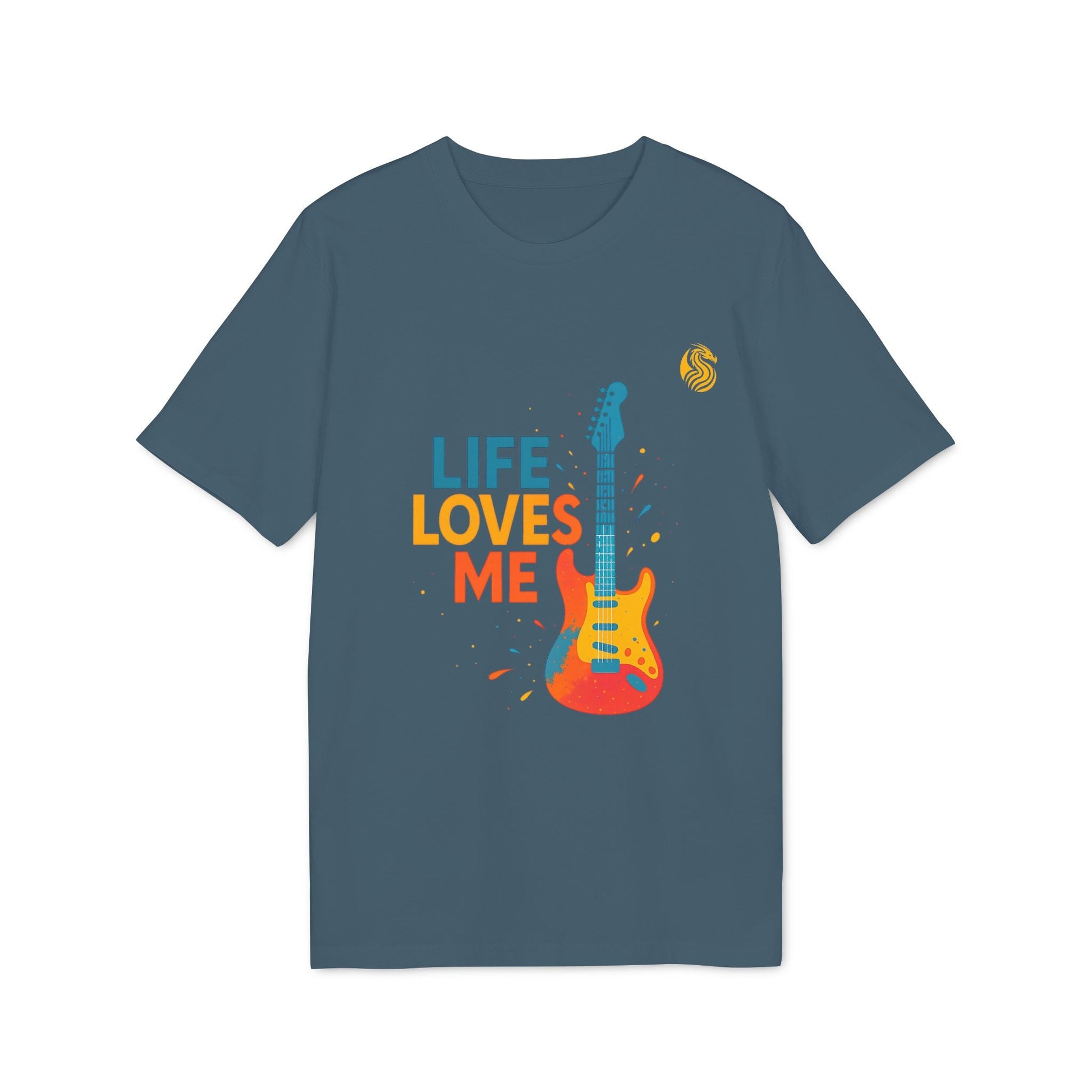 Life Loves Me Electric Guitarr Drix Camiseta sostenible Unisex en azul con gráfico multicolor de guitarra eléctrica y texto “LIFE LOVES ME”