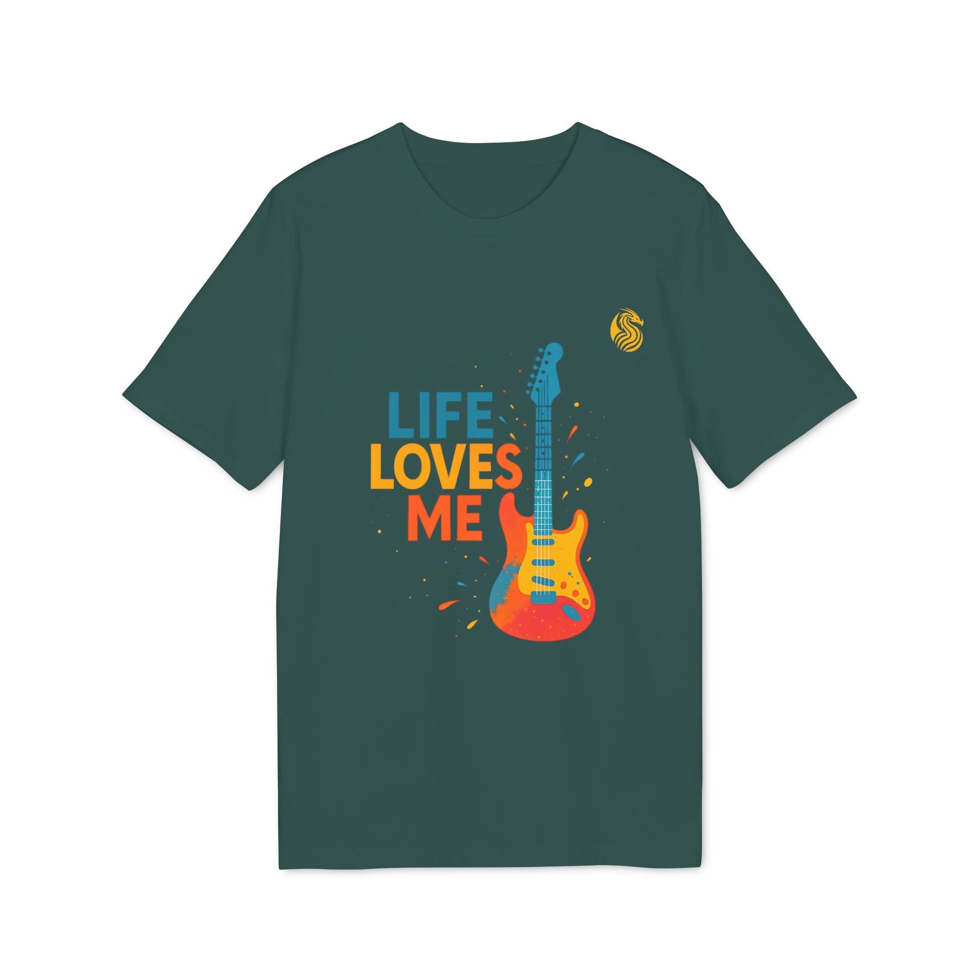 Alt Tag: Life Loves Me Electric Guitarr Drix Camiseta Sustainable Unisex verde con gráfico de guitarra eléctrica y texto “LIFE LOVES ME”