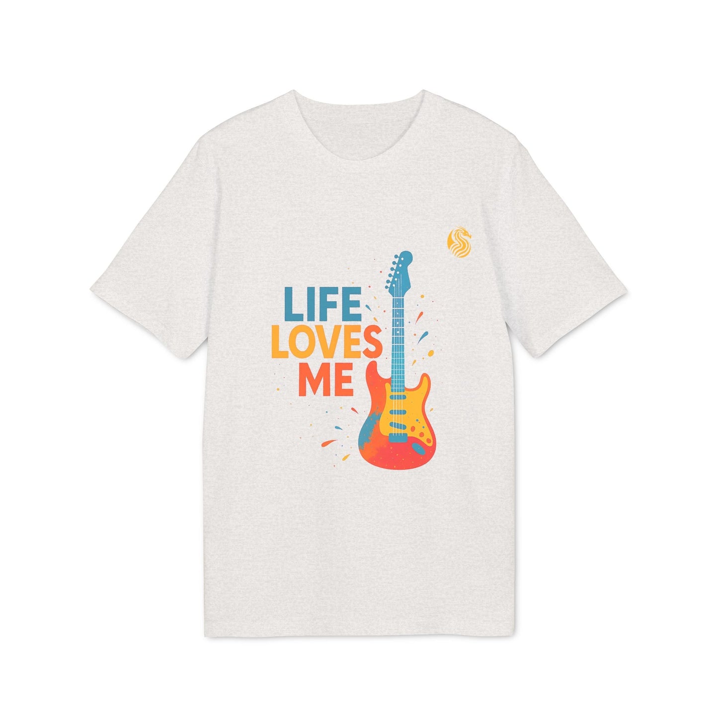Alt Tag: Camiseta sostenible Unisex Life Loves Me Electric Guitarr Drix en blanco roto con gráfico de guitarra colorida y texto “LIFE LOVES ME”
