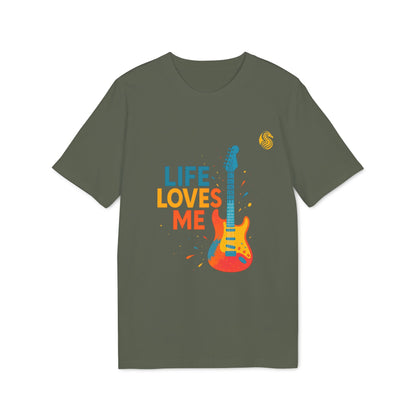 Alt Tag: Camiseta sostenible Unisex Drix "Life Loves Me Electric Guitarr" en verde oliva, t-shirt gráfico con guitarra eléctrica de colores y "LIFE LOVES ME"