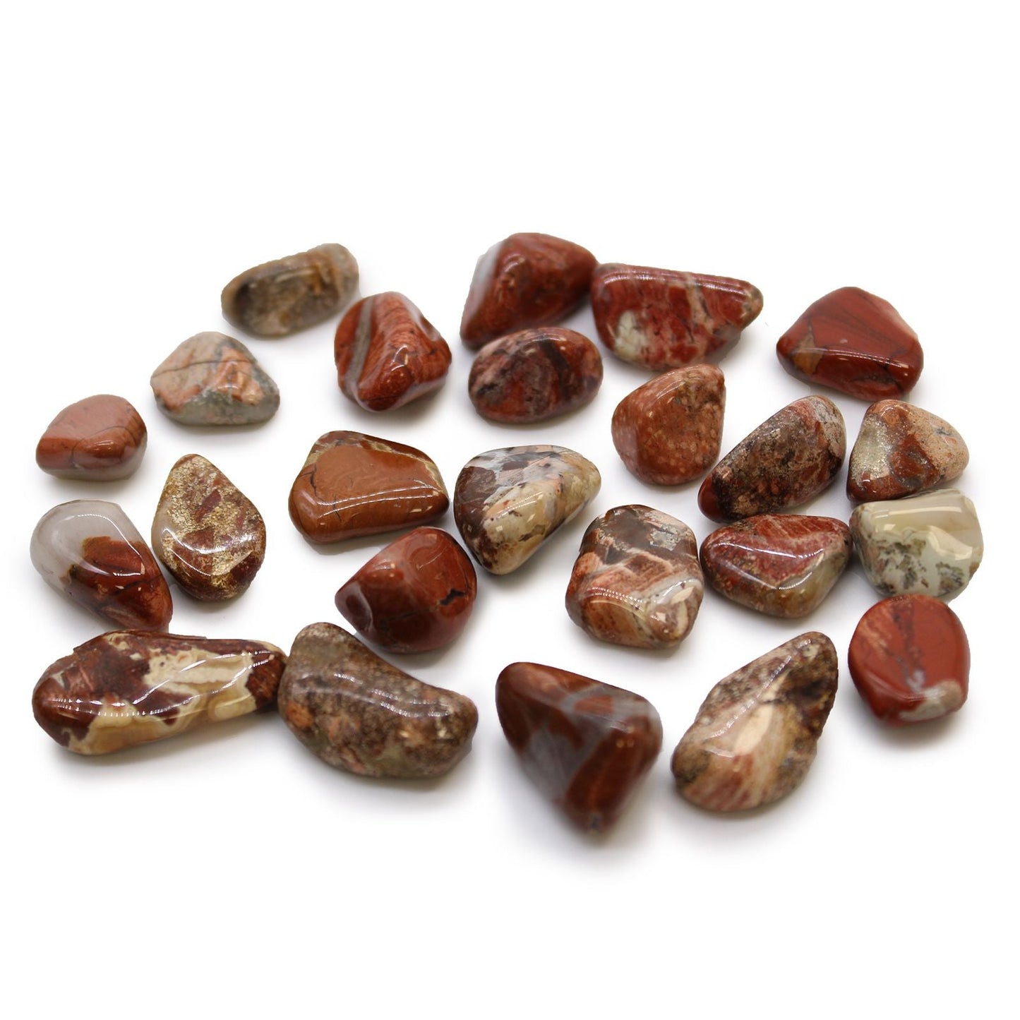 Light Jasper Tumble Stones – 24 Piece Bag polished African jasper tumbled stones, mixed red and beige tones on white background