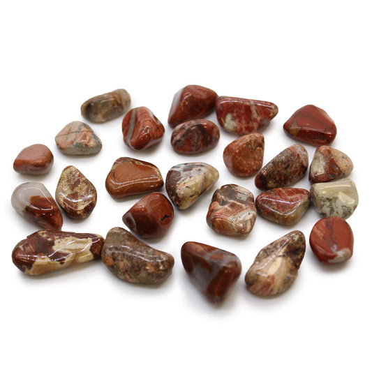 Light Jasper Tumble Stones – 24 Piece Bag polished African jasper tumbled stones, mixed red and beige tones on white background