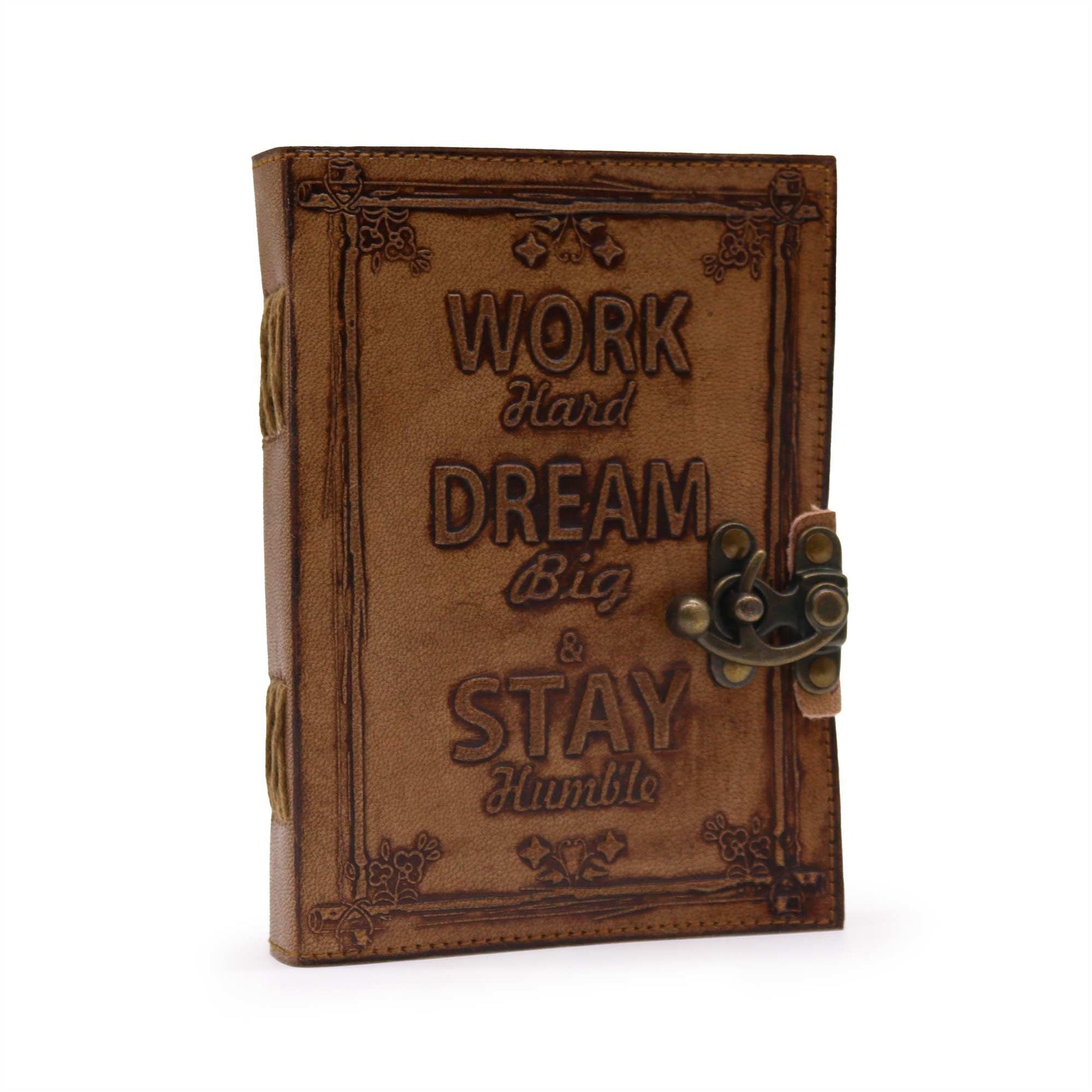Alt Tag: Light Tan Leather Journal – 13x18 CM genuine leather journal with vintage clasp, embossed “Work Hard Dream Big Stay Humble” cover