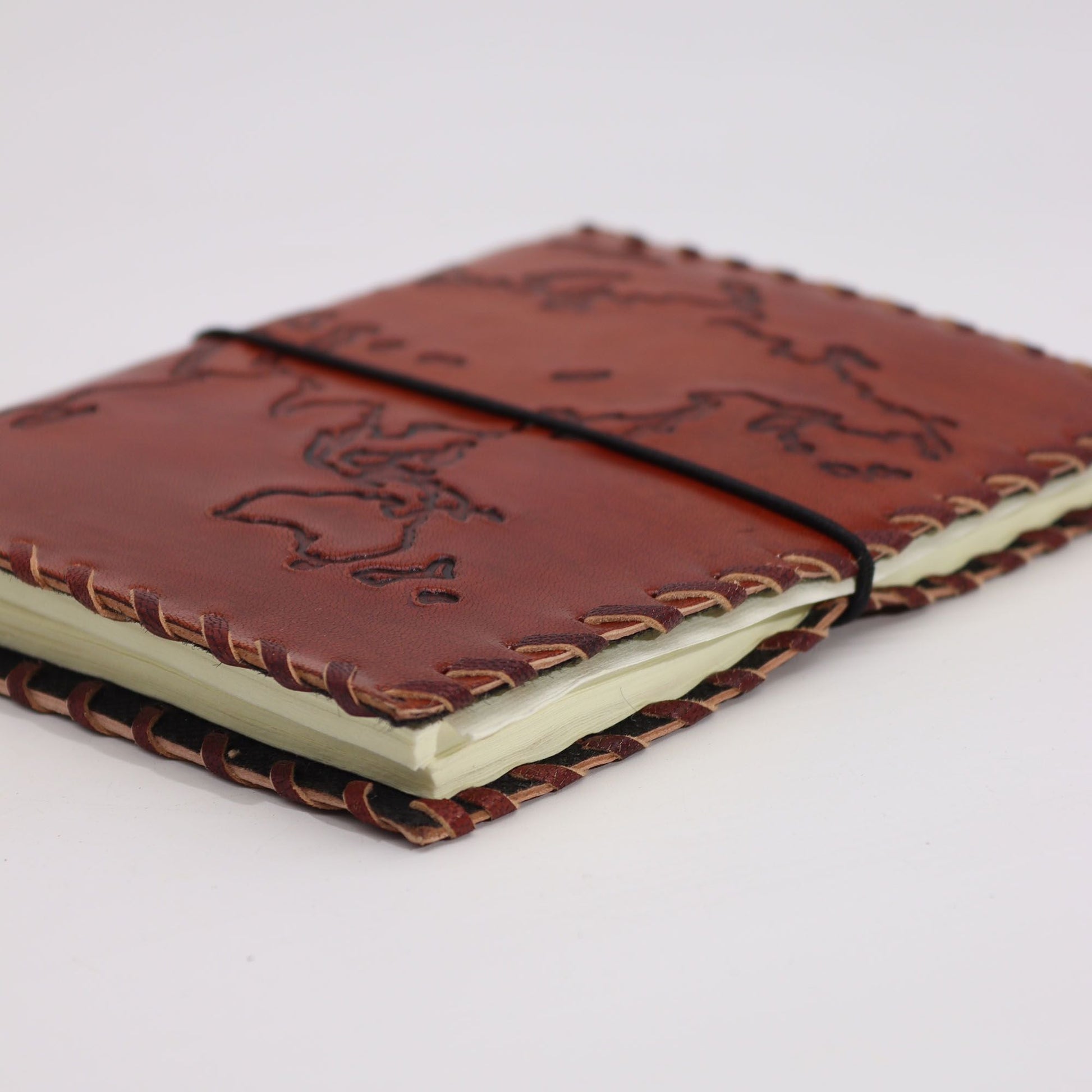 Light Tan Leather Journal – 17x13 CM, 96 Pages leather travel journal with embossed map cover, stitched edges, and wraparound cord closure