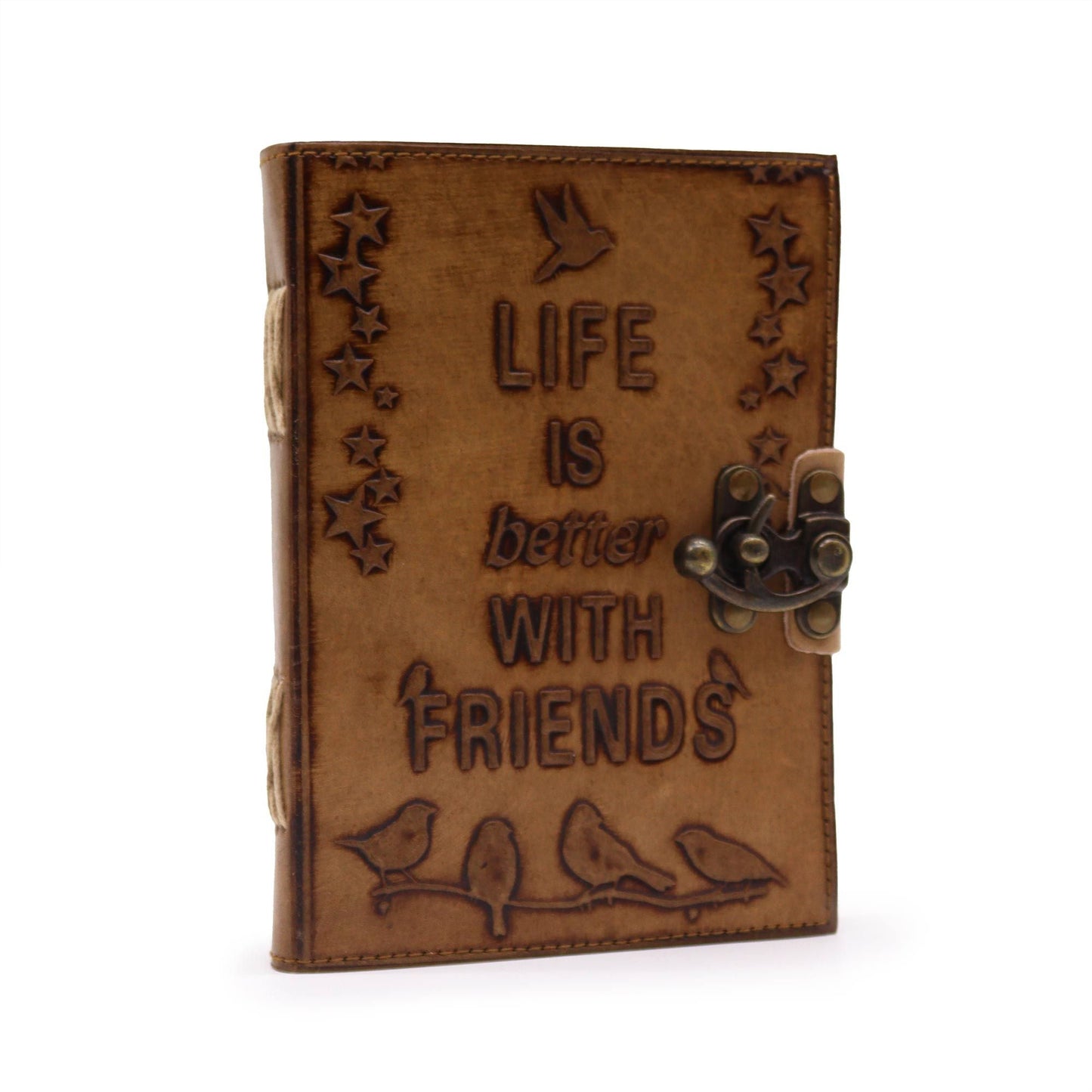 Light Tan Leather Journal – Life is Better with Friends – 7x5, tan leather cover notebook with engraved quote and latch closure