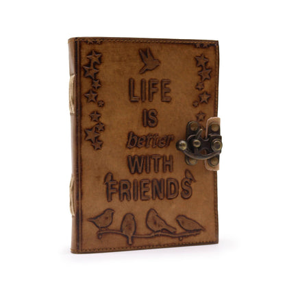 Light Tan Leather Journal – Life is Better with Friends – 7x5, tan leather cover notebook with engraved quote and latch closure
