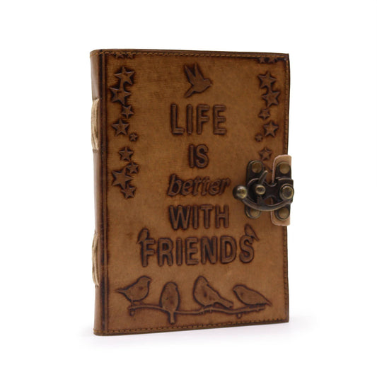 Light Tan Leather Journal – Life is Better with Friends – 7x5, tan leather cover notebook with engraved quote and latch closure