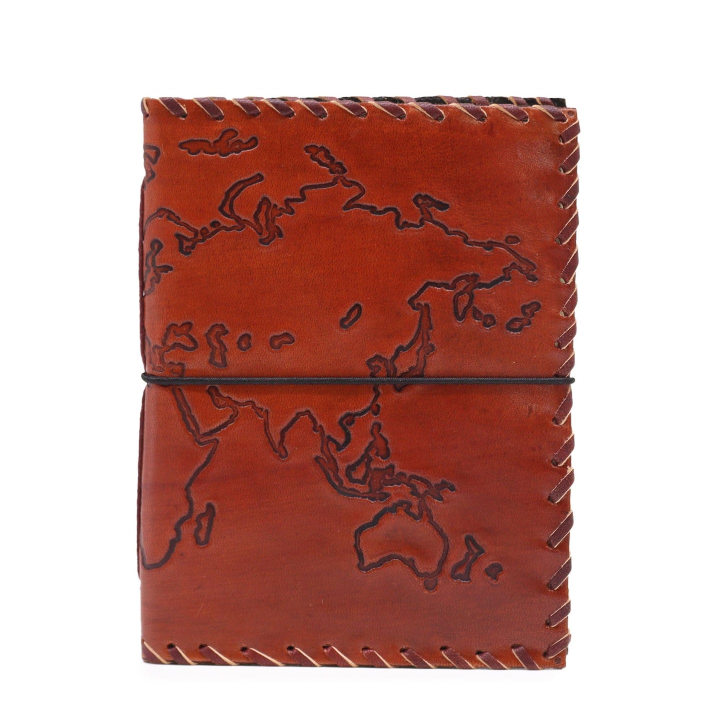 Alt Tag: Light Tan Leather Journal – 17x13 CM, 96 Pages with world map cover, hand-stitched edges and wraparound leather cord
