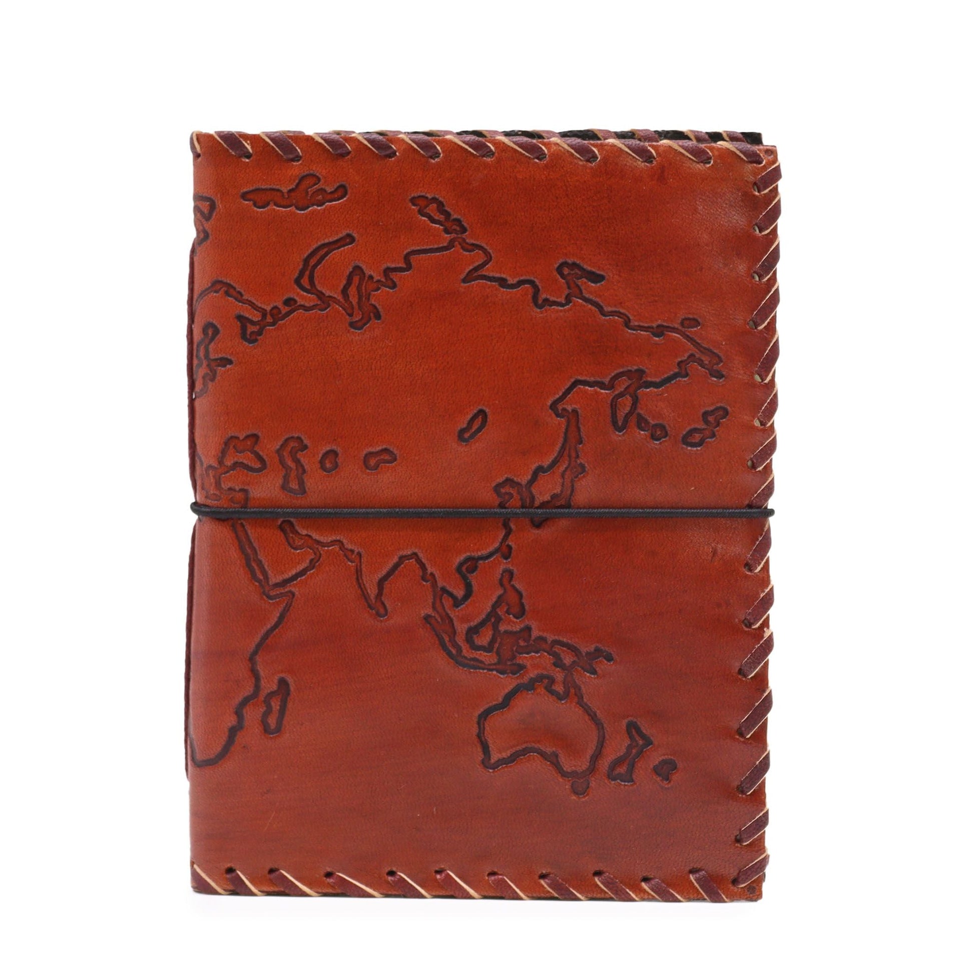 Alt Tag: Light Tan Leather Journal – 17x13 CM, 96 Pages with world map cover, hand-stitched edges and wraparound leather cord