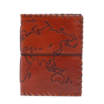 Alt Tag: Light Tan Leather Journal – 17x13 CM, 96 Pages with world map cover, hand-stitched edges and wraparound leather cord