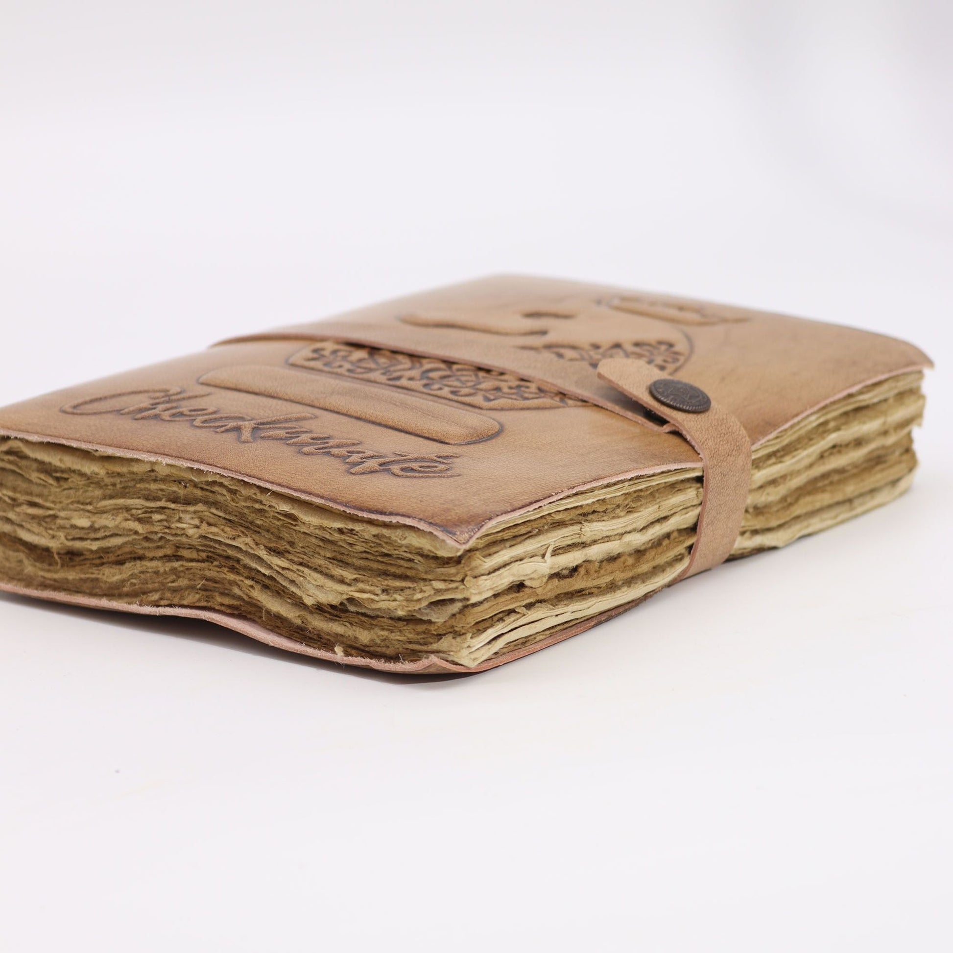 Light Tan Leather Notebook – 200 Pages, 20x15 CM with deckle-edged pages, leather wrap strap and snap closure, compact journal
