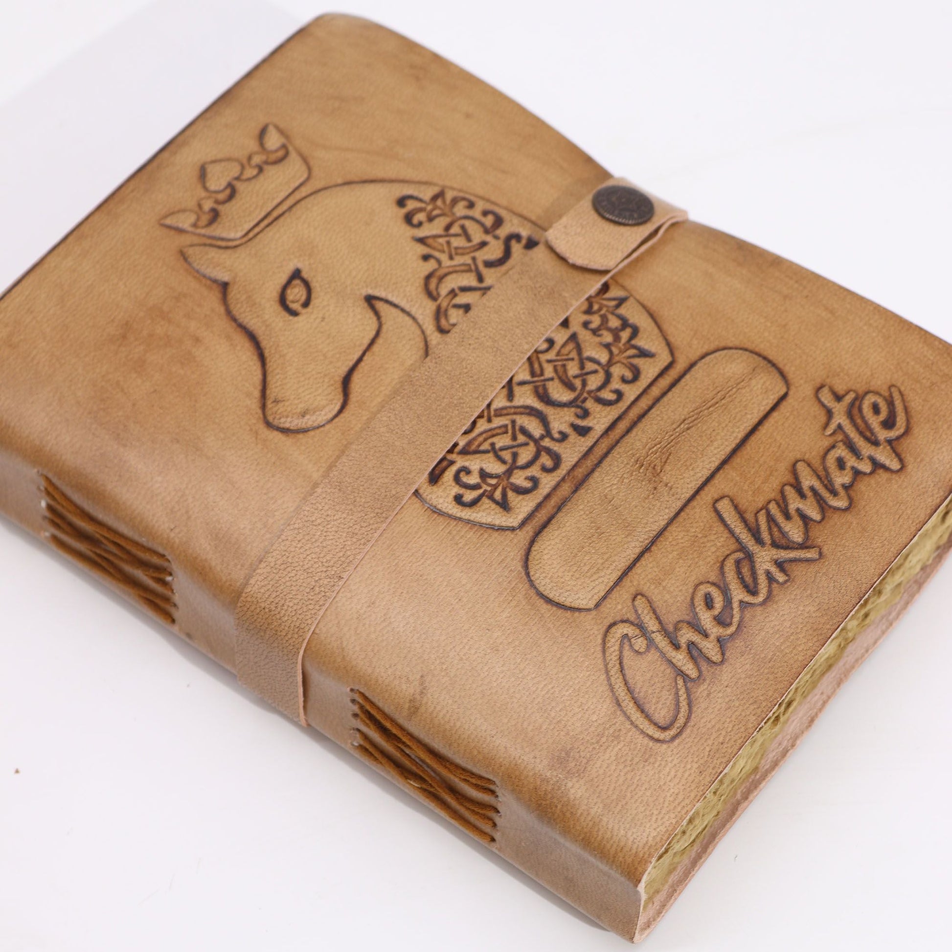 Alt Tag: Light Tan Leather Notebook – 200 Pages, 20x15 CM with embossed camel cover, strap closure, deckle-edged pages