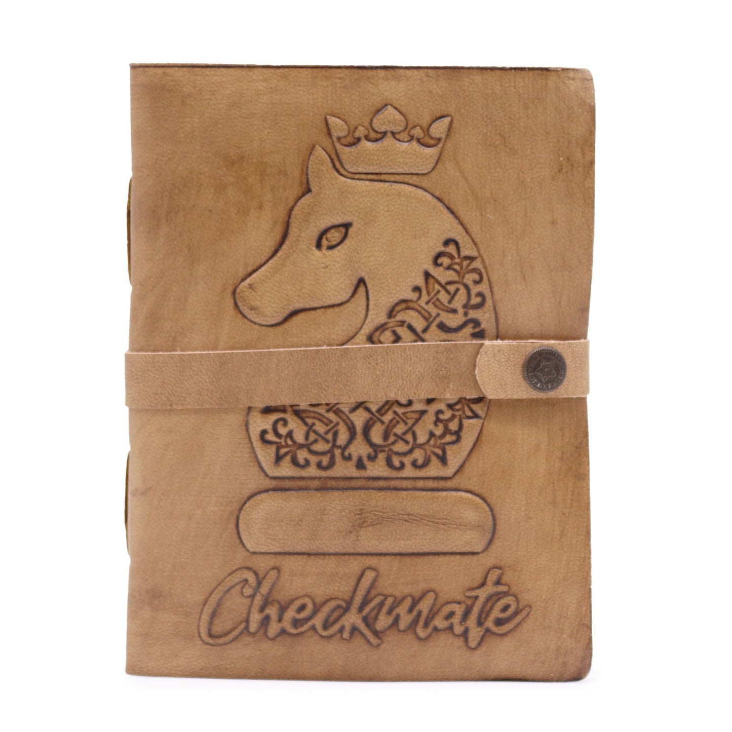 Alt Tag: Light Tan Leather Notebook – 200 Pages, 20x15 CM in light tan leather with embossed crowned knight and strap button closure