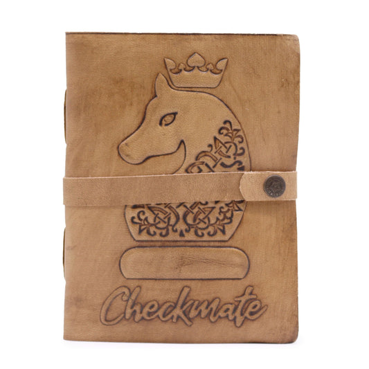 Alt Tag: Light Tan Leather Notebook – 200 Pages, 20x15 CM in light tan leather with embossed crowned knight and strap button closure