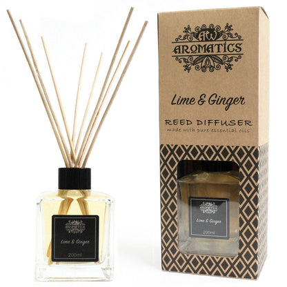 Alt-Tag: Ätherischer Öl-Diffuser Lime & Ginger – 200ML Reed-Diffuser-Set mit Glasflasche, natürlichen Duftstäbchen und Lime & Ginger Aromatics-Box