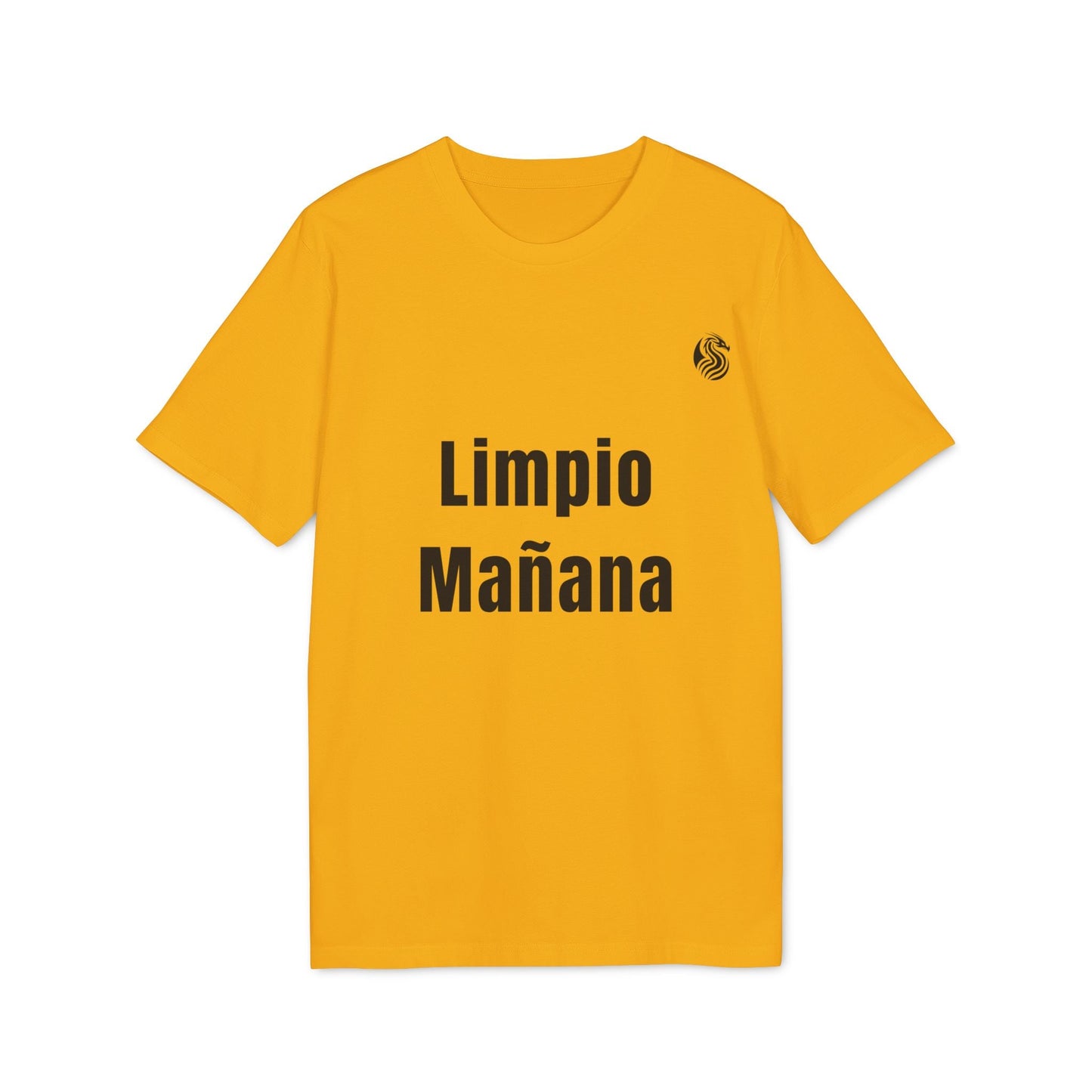 Alt Tag: Limpio Mañana Adolecente Premium Unisex T-Shirt camiseta unisex amarilla con texto "Limpio Mañana" en el frente