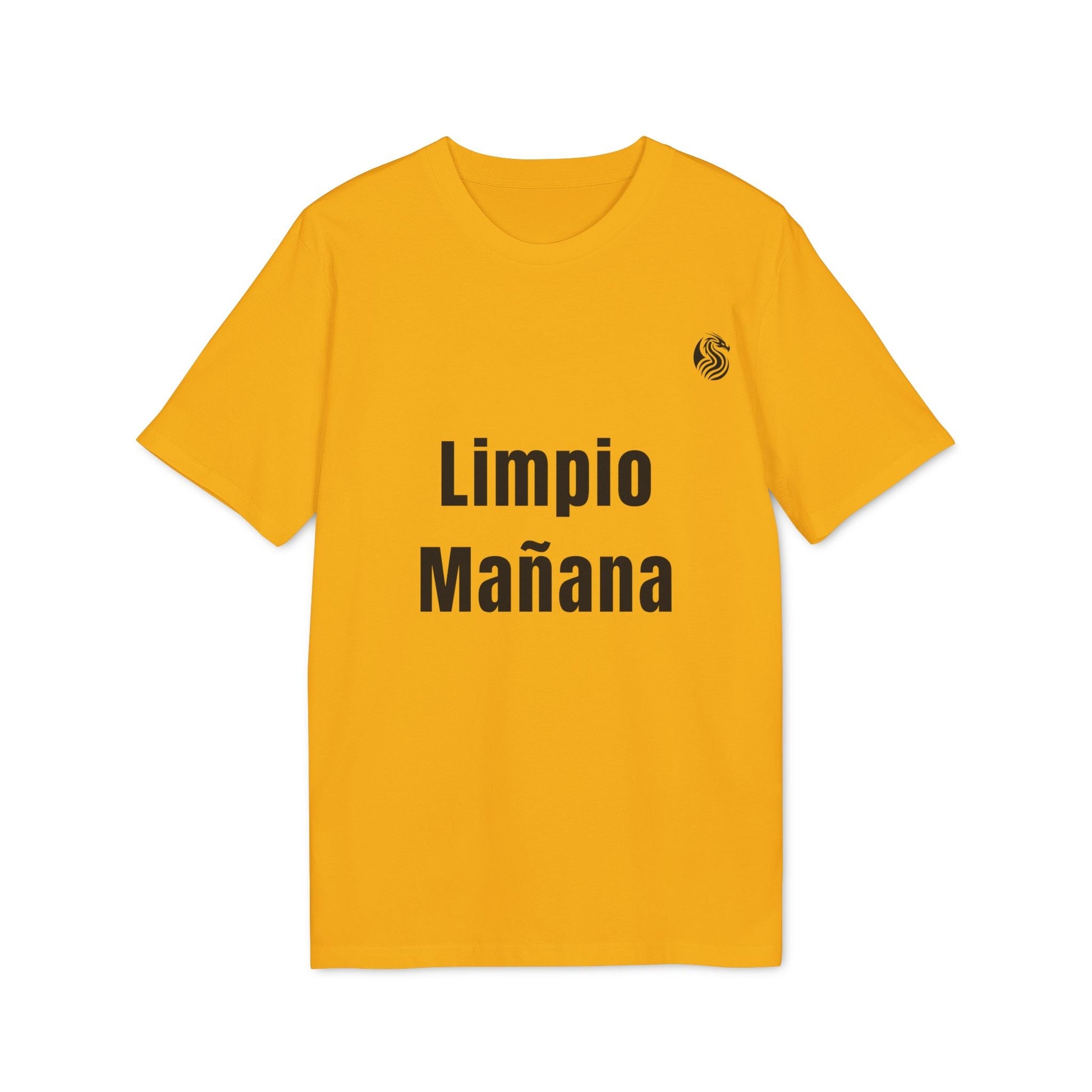 Alt Tag: Limpio Mañana Adolecente Premium Unisex T-Shirt camiseta unisex amarilla con texto "Limpio Mañana" en el frente