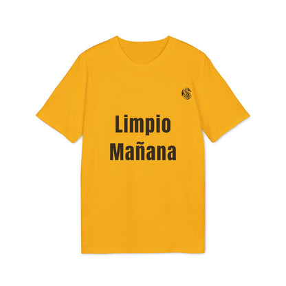 Alt Tag: Limpio Mañana Adolecente Premium Unisex T-Shirt camiseta unisex amarilla con texto "Limpio Mañana" en el frente